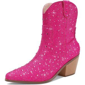 Western Cowgirl Boots Women Sparkly Rhinestone Short Heel Pink Fashion Shoes